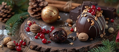 A piece of rich dark chocolate covered in crunchy peanuts, tart cranberries, and sweet fruits on a rustic wooden board, creating a festive Christmas dessert.