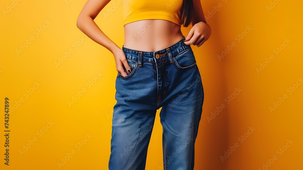 Happy young woman with slim body in oversized jeans on yellow background space for text Weight loss : Generative AI - obrazy, fototapety, plakaty 
