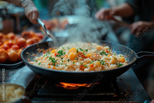 A close-up photo of a wok filled with rice and vegetables cooking on a stove, capturing the essence of Chinese culinary cooking.
