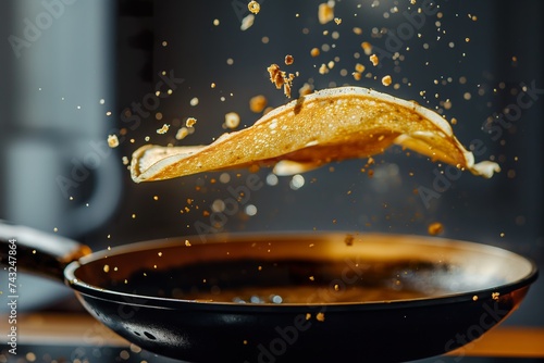 A crepe pancake flying up and flipping out of a metal frying pan. photo