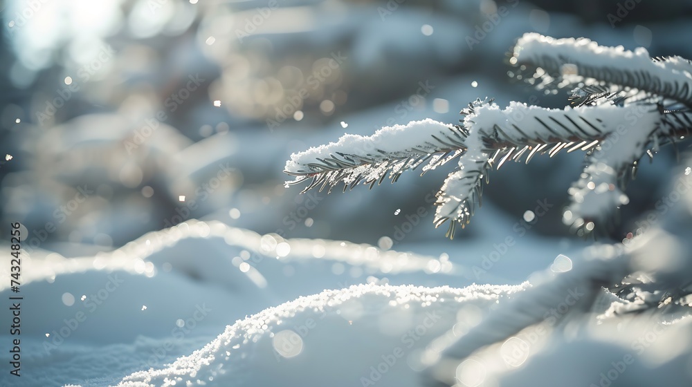 Light Christmas background Decorative snowflakes closeup in snow on sunny day Snowy landscape with spruce fir branches covered with snow and falling snow on nature outdoors copy space : Generative AI