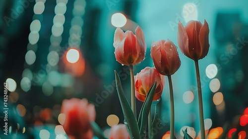 City landscape with blooming tulips in spring : Generative AI #743248667