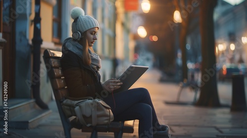Beautiful fashion girl learning on line with a tablet and headphones sitting on a bench in the street : Generative AI