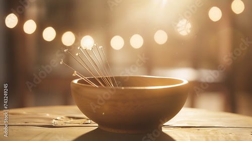 Bowl with acupuncture needles on wooden table : Generative AI photo