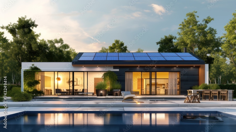 Modern house with solar panels on the roof.