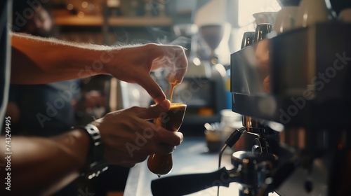 Hand of male barista making coffee for customers : Generative AI