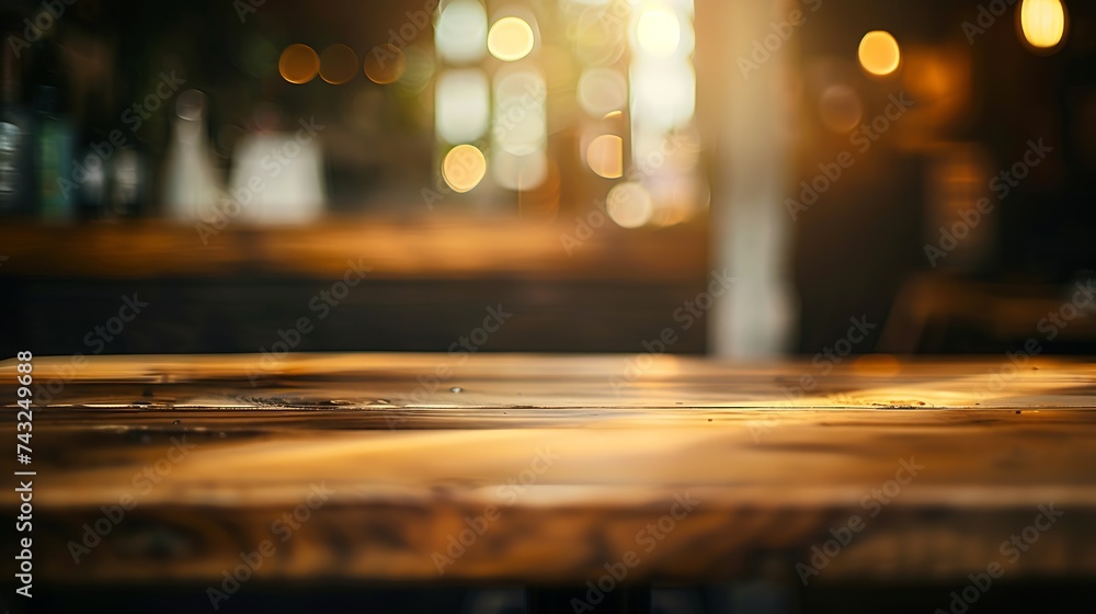 empty wooden table on blurred light gold bokeh of cafe restaurant on dark background place for your products on the table : Generative AI empty wooden table on blurred light gold bokeh of cafe restaurant on dark background place for your products on the table : Generative AI