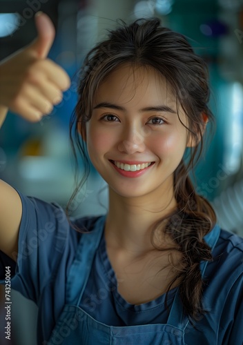 smiling woman blue dress holding knife giving thumbs portrait female korean idol japanese maid health supporter closeup artificer cheerful server young cute girl