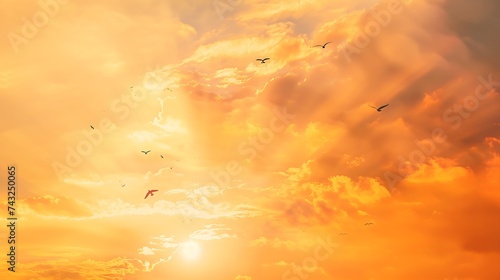 Fiery orange sunset Dramatic golden sky at the sunset background with Seagulls flying over the sea : Generative AI
