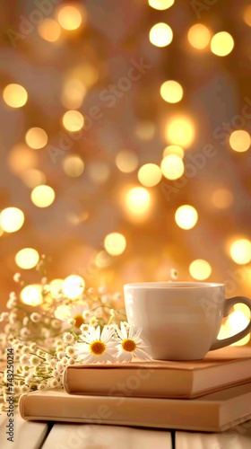 A white cup of coffee stands on books on a wooden table, chamomile flowers lie nearby, against a bokeh background, beautiful atmospheric light