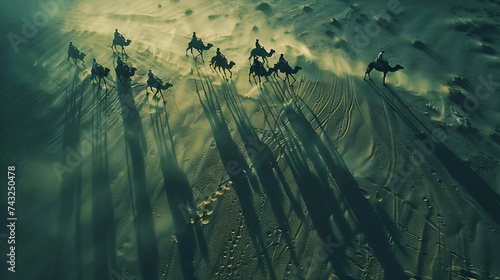 Aerial view of people riding camels in the desert of Al Khatim in Abu Dhabi UAE : Generative AI photo