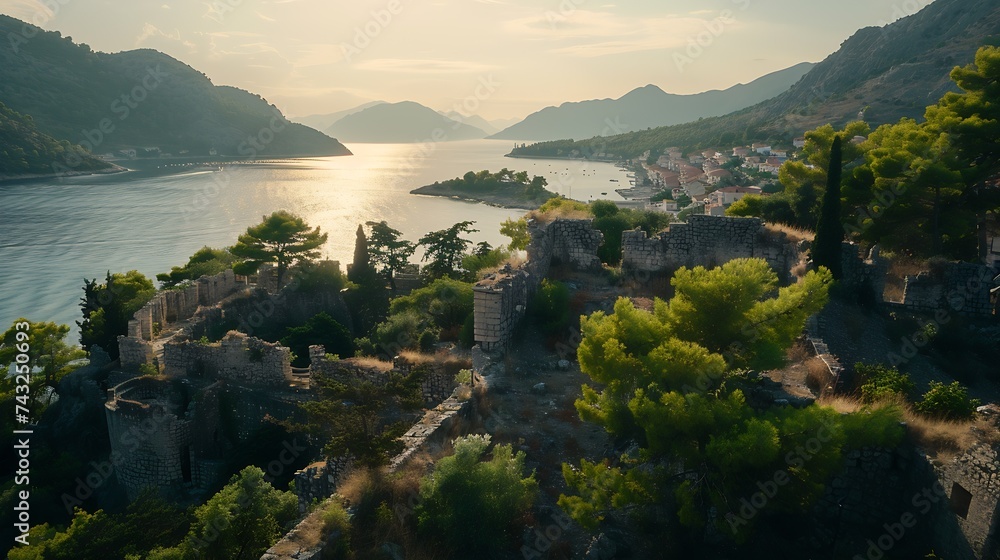 Natural beautiful widescreen scenery on bright summer day of nature green trees ancient fortress walls and houses against background of against the background of mountains sky and blue : Generative AI