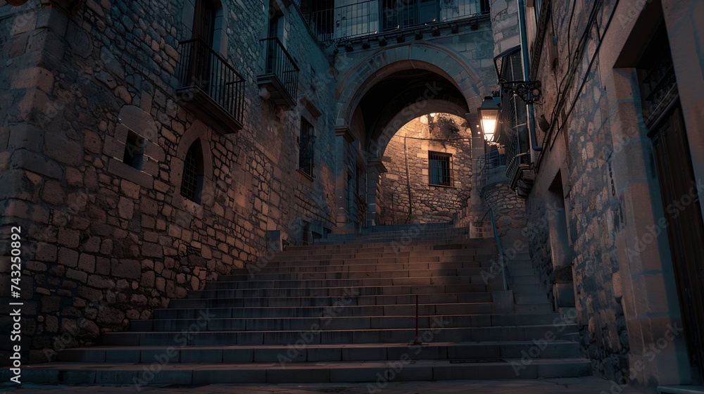 Fototapeta premium Girona city by night Pujada de Sant Domenec stairs and Arch of the Agullana Palace Catalonia Spain : Generative AI