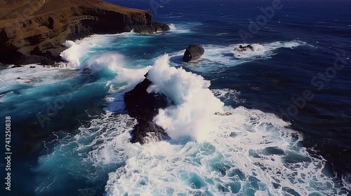 Aerial view of a big wave hitting a lava rock in an amazing sea with stunning colors Playa del Pozo Lanzarote Spain : Generative AI