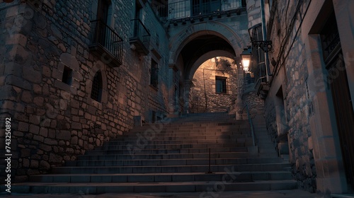 Girona city by night Pujada de Sant Domenec stairs and Arch of the Agullana Palace Catalonia Spain   Generative AI