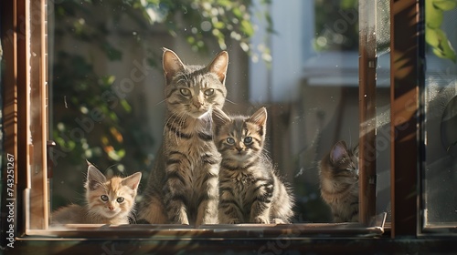 Mother cat and two fluffy kittens on porch of house behind glass door in sunlight Cute cat family   Generative AI