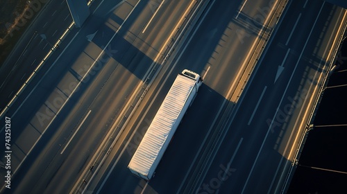 Aerial view of white cargo truck crossing bridge on highway near Kaunas Lithuania : Generative AI