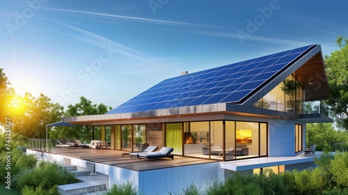 Modern house with solar panels on the roof. © @_ greta