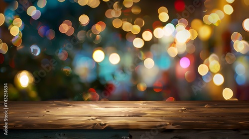 Wood table on blur bokeh cafe or restaurant backgroundin night For product display template : Generative AI