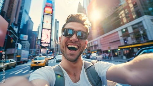 Happy tourist caucasian man having fun taking a selfie at New York city : Generative AI photo