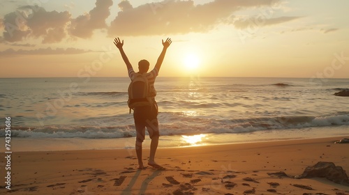 Happy man with hands up enjoying wellbeing and freedom at the beach Male with backpack traveling in the nature with sunrise view Healthy lifestyle happiness and travel concept : Generative AI