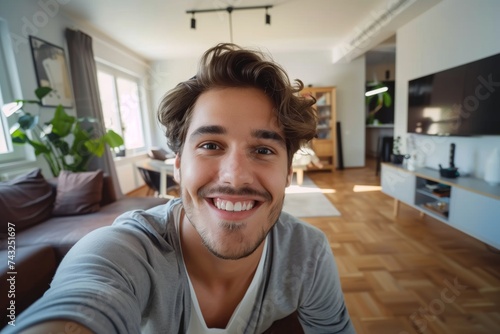 A young man taking a selfie at home, his Caucasian face is photogenic, with a happy smile and visible teeth. The living room is modern, with an indoor atmosphere. He is using a mobile phone to take th © Adriana
