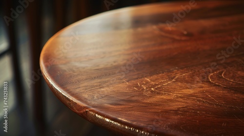 Mahogany wooden round table surface in warm luxury style cafe Blur bokeh background with copy space for place display product : Generative AI
