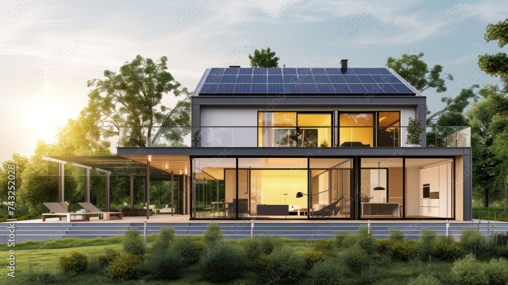 Modern house with solar panels on the roof. Modern house with solar panels on the roof.