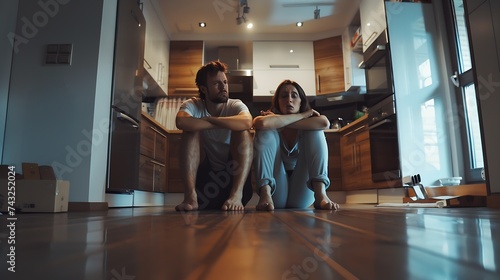 Angry evicted couple worried moving house sitting on the floor in the kitchen : Generative AI photo