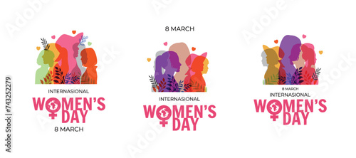 Happy Womens Day card set with silhouette of women. Modern color design.