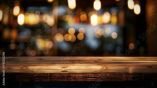 Empty wood table top of bar with blur of cafe restaurant in dark night backgroundselective focus For montage product display : Generative AI