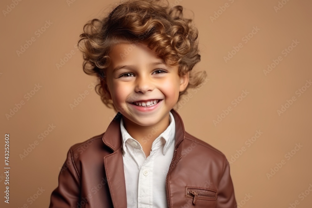 Portrait of a cute little boy with curly hair, dressed in a brown leather jacket. Portrait of a cute little boy with curly hair, dressed in a brown leather jacket.