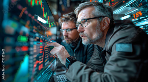 Two financial experts analyzing real-time stock exchange data on multiple computer screens.