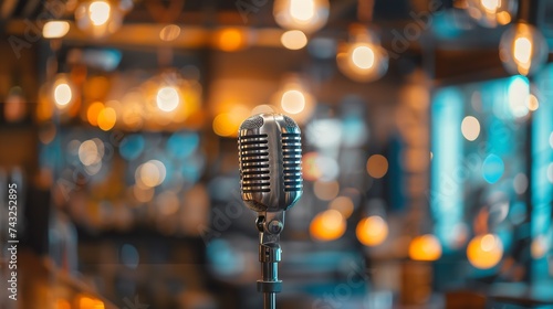 microphone against blur on beverage in pub and restaurant background : Generative AI photo