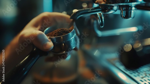 Barista using a tamper to press ground coffee into a portafilter : Generative AI