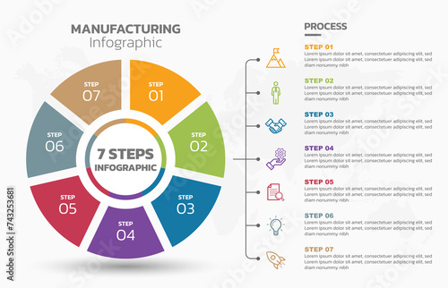 Visual data presentation. Cycle diagram with 7 options. Pie Chart Circle infographic template with 7 steps, options, parts, segments. Business concept. Marketing infographic vector illustration. 