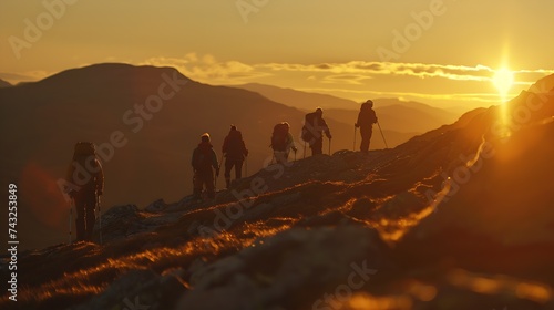 Group of hikers walking on a mountain at sunset : Generative AI photo