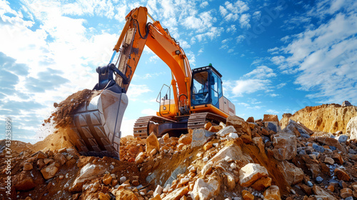 An excavator in action, scooping earth with its bucket on a construction site against a clear blue sky backdrop.