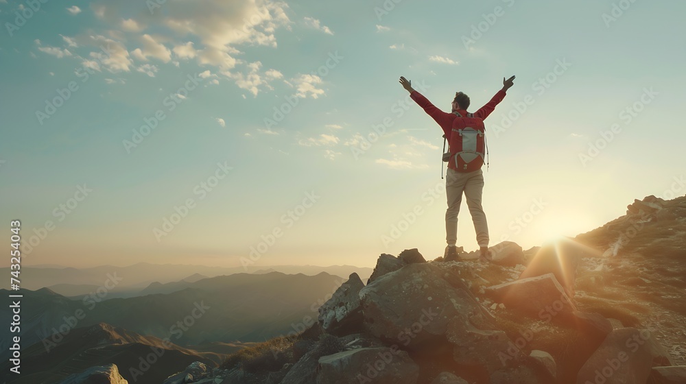Hiker with arms up standing on the top of the mountain Successful man enjoying triumph Sport and success concept : Generative AI