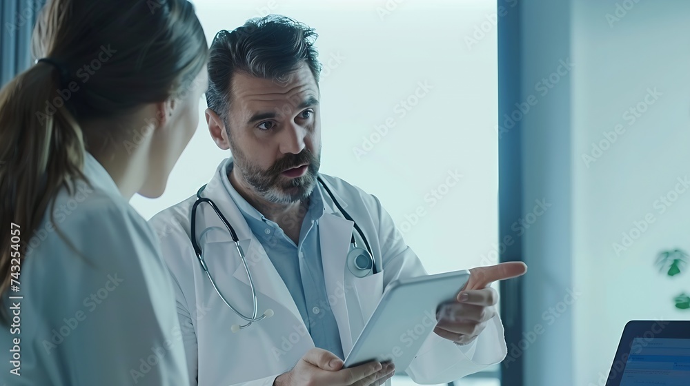 Focused young male doctor pointing at digital computer tablet screen sharing health tests laboratory results to serious female patient or explaining medical insurance benefits at meeti : Generative AI Focused young male doctor pointing at digital computer tablet screen sharing health tests laboratory results to serious female patient or explaining medical insurance benefits at meeti : Generative AI