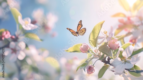 Beautiful spring branch of a blossoming apple tree with whitepink flowers and butterfly on defocused background blue sky in bright sunny day : Generative AI photo