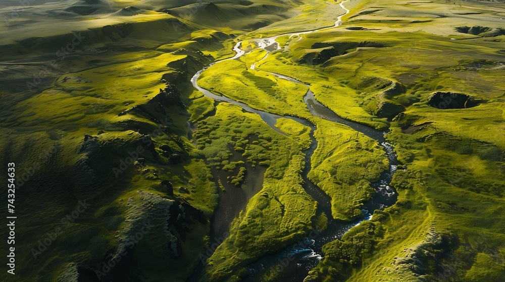 Aerial view of a green valley with a small river in Iceland highlands : Generative AI Aerial view of a green valley with a small river in Iceland highlands : Generative AI