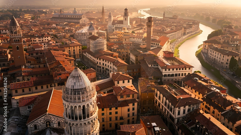 Aerial view of Pisa skyline with red rooftops and Arno river Pisa Italy : Generative AI - obrazy, fototapety, plakaty 