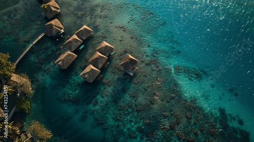 Aerial view of wooden huts from a luxury hotel along the reef in Tahiti French Polynesia : Generative AI
