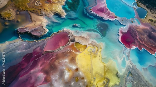 Aerial abstract view of colourful saline lakes Cagliari Sardinia : Generative AI photo