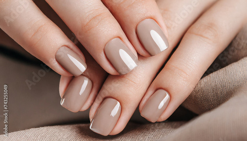 Closeup to woman hands with elegant neutral colors manicure. Beautiful nude manicure on long nails. Nude shade nail manicure with gel polish at luxury beauty salon