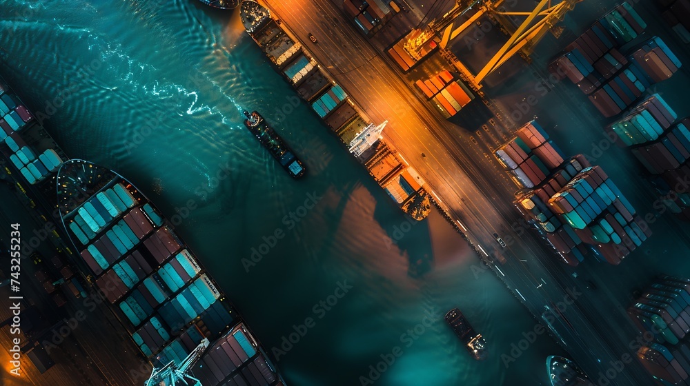 Aerial view of cargo ships and shipping containers in harbor Reunion ...