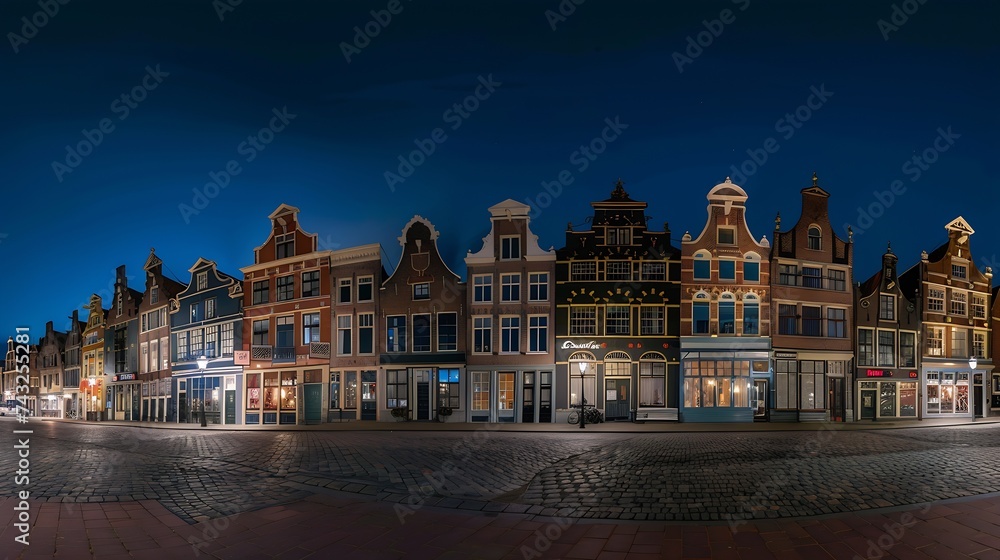 Panorama of typical Dutch houses on the Markt square in the center of the old city at night Delft Holland Netherlands : Generative AI