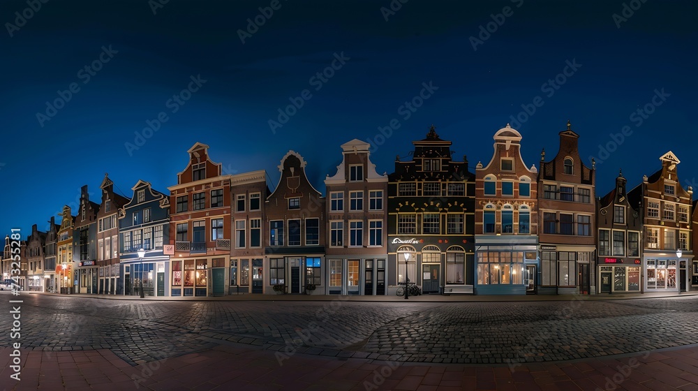 Naklejka premium Panorama of typical Dutch houses on the Markt square in the center of the old city at night Delft Holland Netherlands : Generative AI