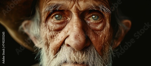 A detailed view of the weathered face of an elderly man, showcasing the lines and wrinkles that tell the story of a lifetime. His wise and kind expression reflects a depth of experience and wisdom.